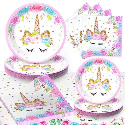 TEDOLATE Einhorn Partygeschirr Geburtstagsdeko Set für 16 Personen, Inklusive Teller, Servietten, Tischdecke, Perfekt für Kindergeburtstage & Einhorn-Themenpartys