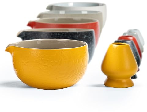 TEANAGOO Chawan Japonés de Textura Natural de Roca para Matcha con Soporte para Batidor, 18 OZ. K18, Gris Claro, Cuenco Ceremonial Tradicional de Cerámica con Accesorios