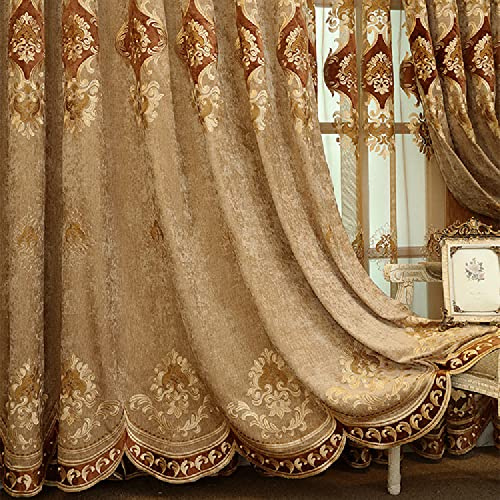 Amidoudou 1 Paar Europäische Luxus Bestickte Vorhänge Für Wohnzimmer Schlafzimmer Chenille Vorhänge (Kaffee,2-Set H 215 x B 130 cm)