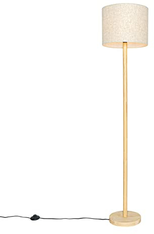 Qazqa Landhaus Stehleuchte mit Schirm, Stehlampe - Mels - Naturel, Rund, Holz, max. 40W, Geeignet für LED, 151cm, Ideal als Wohnzimmerlampe