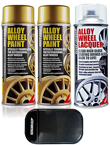 4TRESS E-Tech 2 x 400ml Drift Gold Chip Resistant Alloy Wheel Spray Paint, 1 x Clear Lacquer Car Alloy Wheel Paint (3 Cans In Total) Non Slip Car Dash Mat