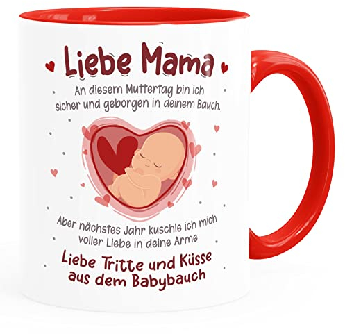 SpecialMe® Kaffee-Tasse Liebe Grüße aus dem Babybauch Spruch Schwanger Geschenk Schwangerschaft - für werdende Mama zum Muttertag weiss-innen-rot standard