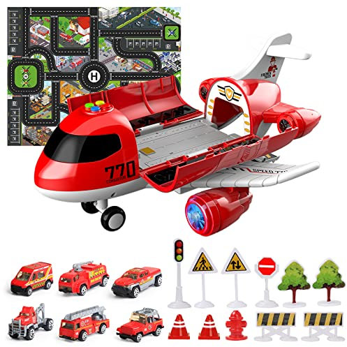 Hapavis Airplane Toys Set with Light and Sound Fire Trucks, Transport Cargo Airplane, Car Toy Play Set for Boys Aged 5-8, Red, Whimsical Style