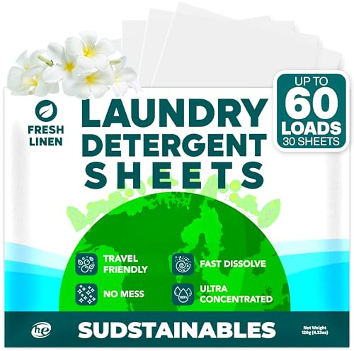 Sudstainables Waschmittelblätter 60 Waschladungen - lösliches Waschtuch für Waschmaschinen, kompakte Alternative zu Flüssig- & Pulverwaschmittel, reisefreundliche Seife | Fresh Linen