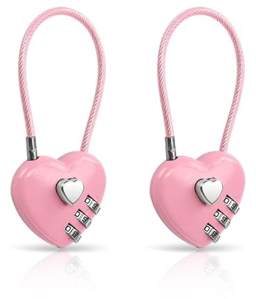 YAODHAOD 2 Pack Combination Lock, 3 Digit Heart Shaped Padlock for School Gym Locker, TSA Approved Cable Luggage Locks, Sports Locker Lock, Luggage,Fence,Backpack,Valentine Gift (Pink)