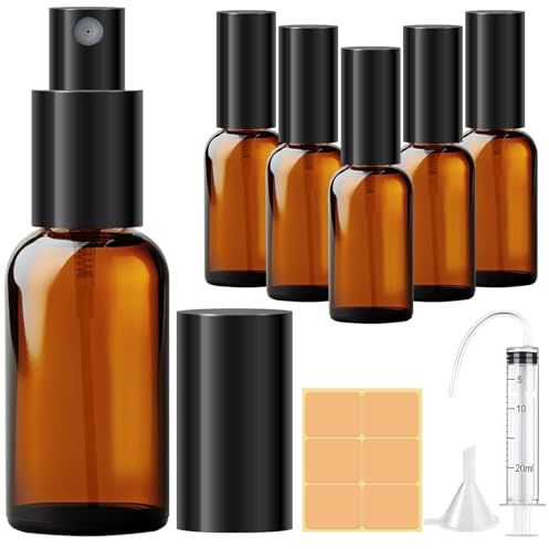 Amentalove Amber Glass Spray Bottles, 6PCS 30ML Empty Fine Mist Spray Bottle with Syringe for Cleaning Essential Oils Perfume Cosmetic Sprays, Portable Travel Small Spray Bottle with Funnel Label