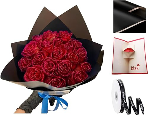 Eeiiey Glitzer-Rosenstrauß – (Selbstmontage), künstlicher Rosenstrauß, ewig, glänzend, künstliche Rosen, Blumenstrauß, Liebesgeschenke für Valentinstag, Jahrestag, Verlobung, Rot, 50 Rosen