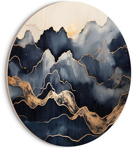 HEALANCY Bilder Abstrakt - PREMIUM QUALITÄT 100% HOLZ - KOMPLETT AUFHÄNGFERTIG - Runde Wandbilder Wohnzimmer - Modern Wanddeko - Schlafzimmer Kunstdruck - Marmour gold blau