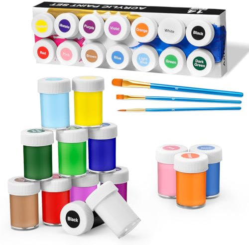 ARTKUNST Acrylfarben-Set, 14 x 20 ml + 3 Pinsel, Acrylfarben Set, wasserfest und lichtecht, schnell trocknend, ideal für Leinwand, Papier und Stoffe - Acrylfarbe für Modellbau und Basteln