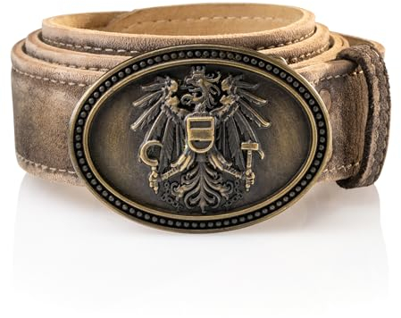 Schöneberger Trachten Couture Herren Trachtengürtel Österreich, Ledergürtel mit Austria Adler Schnalle, Lederhosen Gürtel aus Wildbock-Leder, Franco (Torf BW120(58-60)