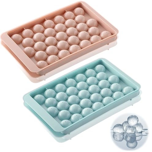 2 Stück Eiswürfelform Mit Deckel, Blau - Rosa, 2 x 33 Stück Klein Eiswürfel Eiswürfelbehälter, 1.2 cm Kugelform, Eiswürfelbehälter für Bier Cocktails Whisky