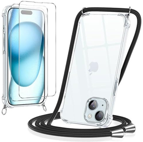 Pnakqil Coque pour iPhone 14/13 avec Cordon de Collier + 2×Verre Trempé, Etui avec Collier - Transparente Silicone Coque Antichoc Housse Réglable Lanyard Case Portable Protection Cover, Noir