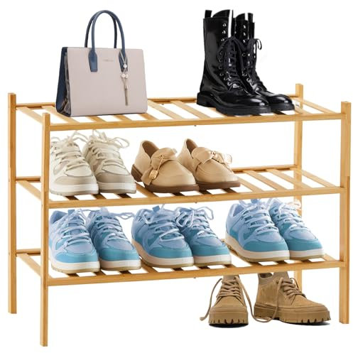 GBACHOOSE Schuhregal aus Bambus, Schuhablage mit 3 Ebenen, 69 x 28 x 50 cm Bambus Schuhregal, Schuhregal Holz Stapelbar, Schuhregal Klein, Shoe Rack Bambus für Schuhe, Pflanzen, Bücher