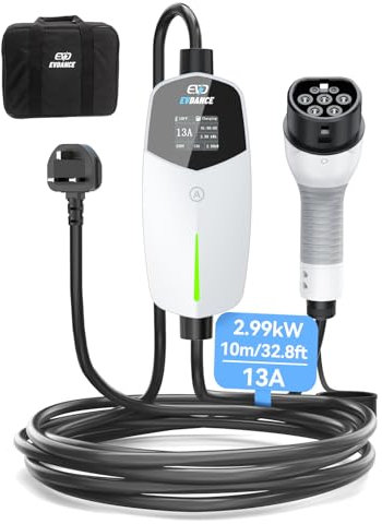 EVDANCE EV Charger Type 2 UK 3 Pin 32.8ft/10m [6/8/10/13A] Portable Electric Car Charger for EV & PHEV, Adjustable Current EV Charger, IP66 Type 2 Charging Cable for Home & Travel, White