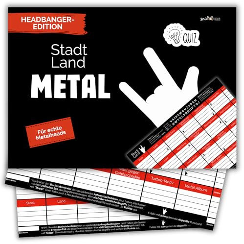 Stadt Land Fluss Metal Edition by snaPmee - Spiel + Geschenk für Heavy Metal Fans - Das Metalhead-Quiz - 50 Blatt Din-A4