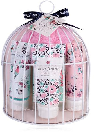 Accentra - set de douche cadeau femme SWEET FLOWERS cage à oiseaux, set de bain 5 pièces cadeau gel douche, lotion pour le corps, savon, crème pour les mains, éponge filet, bien-être, femmes, filles