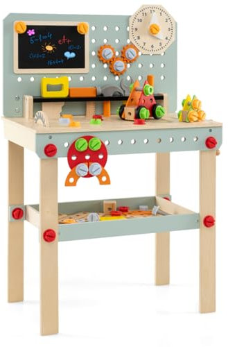 COSTWAY Wooden Kids Workbench, Children's Tool Bench with Play Tools Set, Blackboard, Rotatable Clock & Storage Shelf, Toddlers Construction Pretend Role Play Set for Ages 3 + (Blue+Natural)