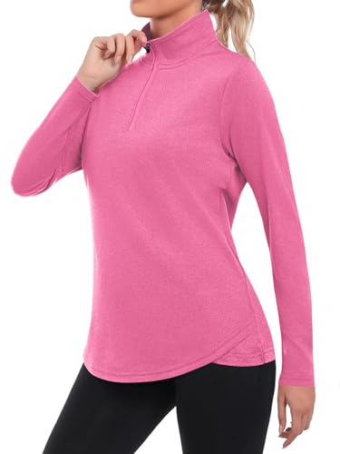 PINSPARK Womens Long Sleeve Tops 1/4 Zip Shirts Fitness Workout Yoga Top Quick Dry Gym Sports Running T-Shirt Sun Protection Outdoor Cycling Golf Shirt Pink m
