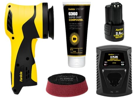 Farécla G Plus Dual Action Mini Polisher Kit - Professional Cordless DA for Precision Work & Tight Areas, 12mm Throw, 3 Plate, Battery, Charger, G Mop Pad & G360 Compound