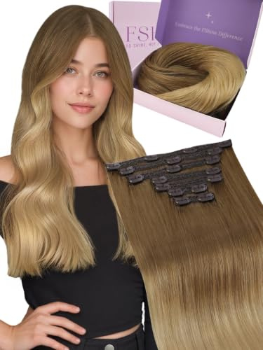 Fshine Clip in Extensions Goldbraun Ombré Warmblond 35cm 120g | Hair Extensions Clip in, Schnell einsetzbar, ohne zusätzliche Werkzeuge, Anfängerfreundlich, natürliche Haarintegration