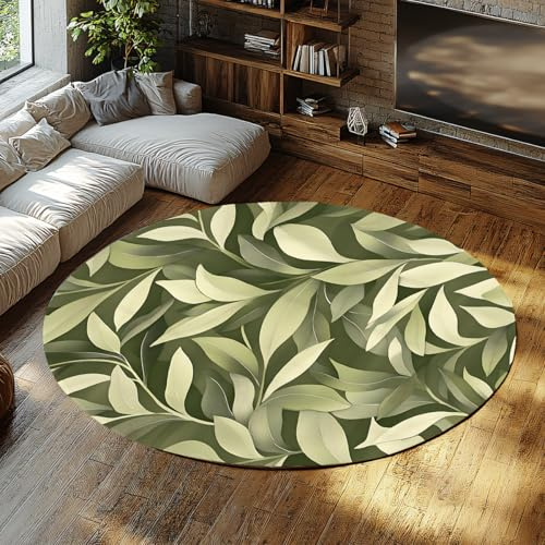 FEIPUHOME Art Moderner Boho Runder Teppich Grün Tropische Blätter Weich Abwaschbar Schlafzimmer Rutschfester Niederflor-Bodenteppich für Esszimmer Küche Home Office 200x200cm
