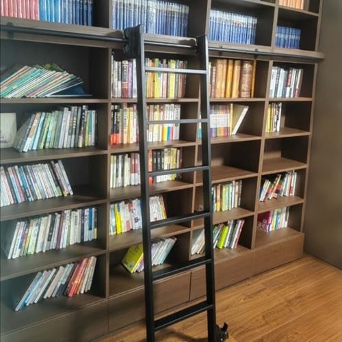 Kit de rail coulissant rustique pour bibliothèque (sans échelle), roue inférieure silencieuse avec frein, rail coulissant tubulaire rond pour étagère à livres(Non-telescopic,366cm Kit de piste)