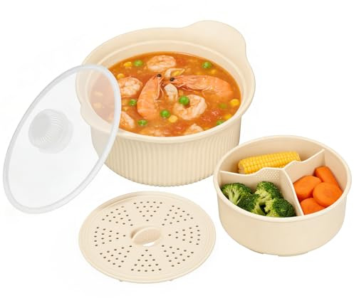 Microwave Silicone Steamer, 3 Compartmented Microwave Pot with Handle, Lid, 4 in 1 Microwave Steamer for Vegetables, Silicone Food Grade Dishwasher Safe