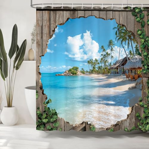 Dazzlewall Strand Ozean Küstenresort Duschvorhang 183x183 cm Anti-Schimmel | Urlaubsstimmung mit Holztür, wasserabweisend, schnelltrocknend, waschbar, inkl. 12 Haken, für Dusche, Wanne & Gäste-WC