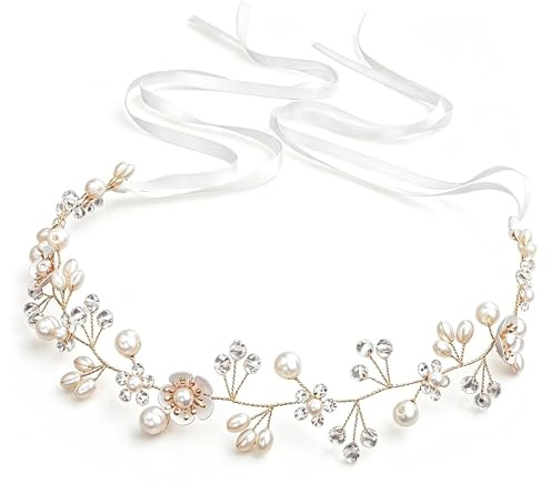 RIIRCSGE 1 Stück Blumenkranz für Mädchen, Haarschmuck Kommunion Mädchen Kopfschmuck, Erstkommunion Haarkranzmit Perlen, Goldenes Stirnband, Haarkranz Blumenkranz für Frauen Kinder Taufe Hochzeit