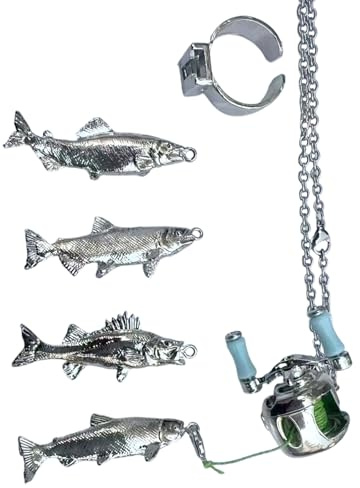CAZSTYK Exquisite Fishing Reel Pendant Necklace with Rings Rotating Handle Detail Artistic Jewelry for Enthusiasts Hobbyists Angler Gear