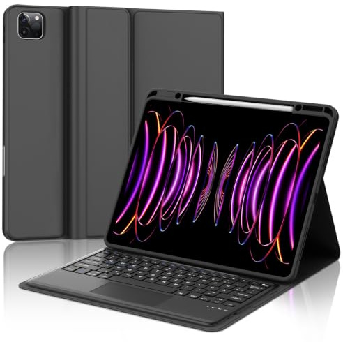 Hülle Tastatur für iPad Pro 12,9 Zoll 6./5./4./3. Generation con Touchpad | Magnetisch abnehmbar Tastatur für iPad Pro 12.9 (2018-2022), Soft TPU Hülle, Deutsches QWERTZ Layout, Schwarz