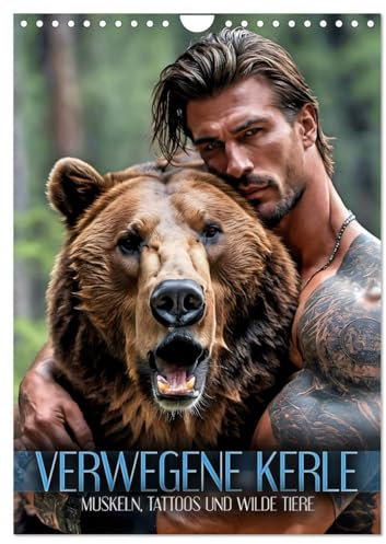 Verwegene Kerle - Muskeln, Tattoos und wilde Tiere (Wandkalender 2025 DIN A4 hoch), CALVENDO Monatskalender: Fantastische Bilder von muskulösen ... Wildtieren aus aller Welt (CALVENDO Tiere)