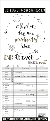 Visual Words Timer für 2 2025: Familienplaner mit 3 breiten Spalten. Typo-Art Familienkalender mit Ferienterminen, Vorschau bis März 2026 und vielem mehr.