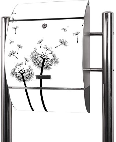 banjado® Standbriefkasten Edelstahl mit Zeitungsfach Motiv Pusteblume 2 / Briefkasten mit Standfuß/Edelstahl Briefkasten freistehend - A4 Einwurf inkl. 2 Schlüssel
