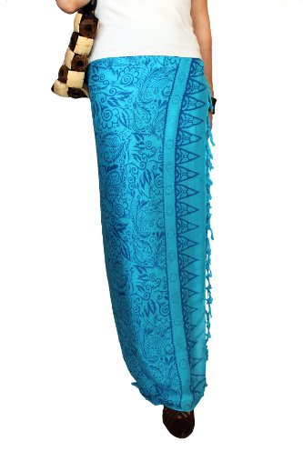 Naturesco Farbenfroher Bali Sarong Wickelrock Strandtuch Pareo Batik blau türkis mit Blütenmotiv 160 x 120 cm