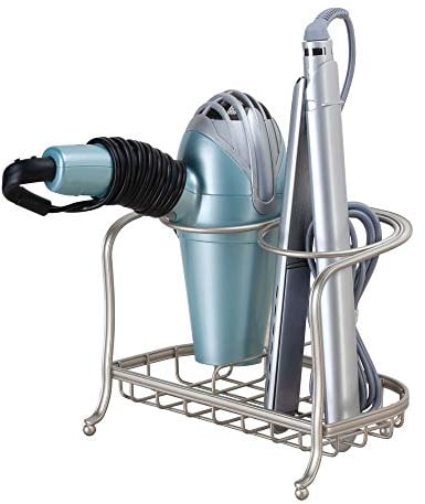 iDesign 65345 Hair Dryer Holder Free Standing, Small Metal Sink Caddy for Hairdryers and Curling Irons, Bathroom Organiser with 2 Compartments and Wire Basket, Matte Silver