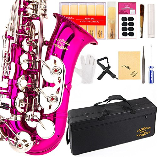 Glory E Flach Alto Saxophon mit 11reeds, 8 Pads Kissen, Fall, carekit Pink/Silver keys