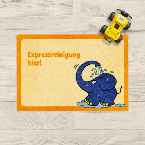 LAKO Waschbare ca 50x75 cm Expressreinigung Hier-Elefant-Die Maus Fußmatte, Polyamidfaser, 50 x 70 x 0,6