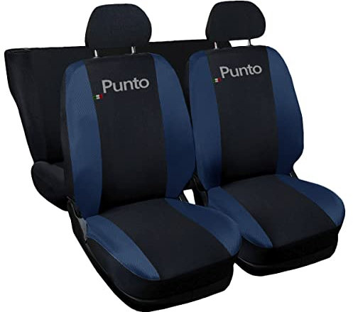 Lupex Shop Coprisedili auto compatibili con Punto, tessuto poliestere, set sedili completi anteriori e posteriori (Nero - Blu Scuro)