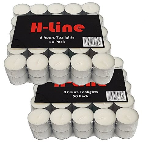 H-line Unscented Tea Lights Candles - 100 Pack Long Lasting 8 Hour Burn Time Smoke Free Bright Flame - Ideal for Weddings,Events,Aromatherapy,Home,Emergency Use Premium Quality Energy Class A+