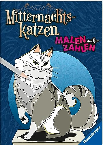 Ravensburger Malen nach Zahlen Mitternachtskatzen - 32 Motive abgestimmt auf Buntstiftsets mit 24 Farben (Stifte nicht enthalten) - Malbuch mit nummerierten Ausmalfeldern für fortgeschrittene Fans