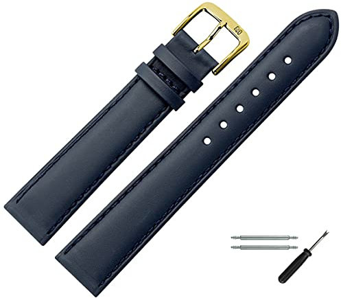 MARBURGER Uhrenarmband 19mm Leder Blau Gold Glatt Mit Naht - Montage Set 8071951000220