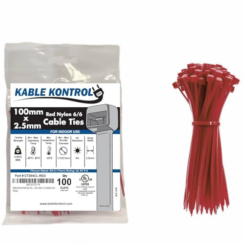 Kable Kontrol Red Cable Ties, 100 mm x 2.5 mm, Pack of 100, 4 Premium Nylon Zip Ties, Multi-Purpose Plastic Tie Wraps, Secure Self-Locking Mechanism, for Home, Garden, Office and DIY