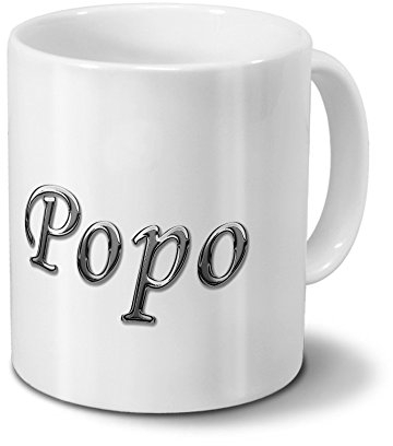 printplanet Tasse mit Namen Popo - Motiv Chrom-Schriftzug - Namenstasse, Kaffeebecher, Mug, Becher, Kaffeetasse - Farbe Weiß