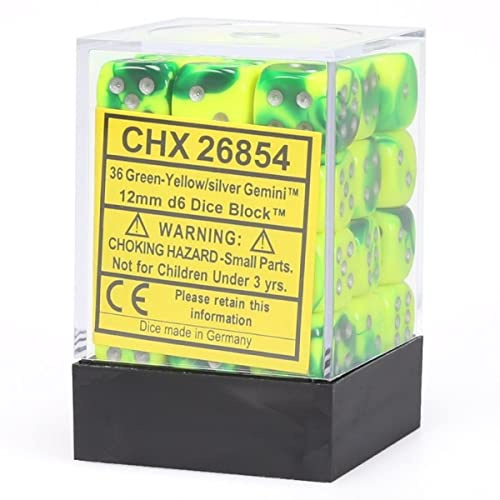 Chessex Gemini 12mm d6 Dice Blocks with pips Dice Blocks (36 Dice) - Green-Yellow w/Silver