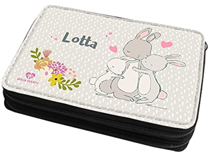 wolga-kreativ Federmäppchen gefüllte Federtasche Mäppchen Federmappe Hasenfamilie Mäppchen Stiftemäppchen für Mädchen Kleinkind mit Namen personalisiert Bedruckt Schlampermäppchen