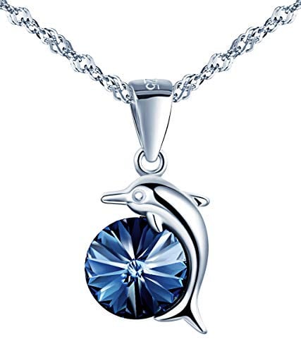 MicVivien Collier Femme Pendentif Dauphin en Argent 925 et Cristal Bleu Bijoux Femme Chaîne 45cm