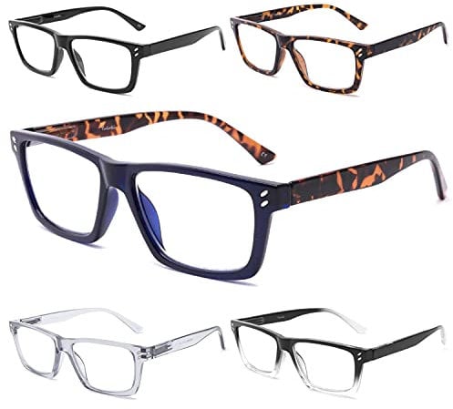 Yuluki 5 Pack Reading Glasses Blue Light Blocking,Spring Hinge Square Frame Computer Readers 0.75 Women/Men Anti Eyestrain/Glare