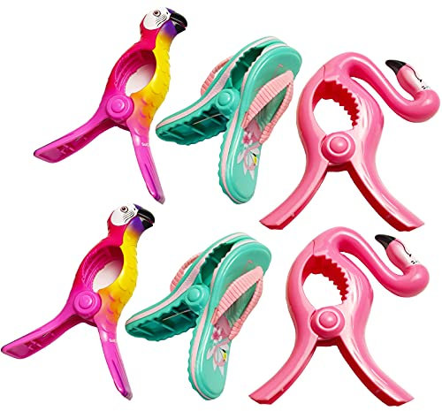 6 clip per telo mare, porta asciugamani a infradito, clip per sedia a forma di fenicottero, clip a pappagallo, mollette per vestiti in dimensioni perfette per lettini da piscina e coperte