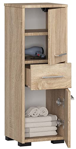 BDW Badezimmerschrank, VILE FARB, hoher moderner Badezimmerschrank, viel Stauraum, geeignet für kleine Räume. Universelles. Abmessungen: 30 x 85 x 30 Eiche Sonoma